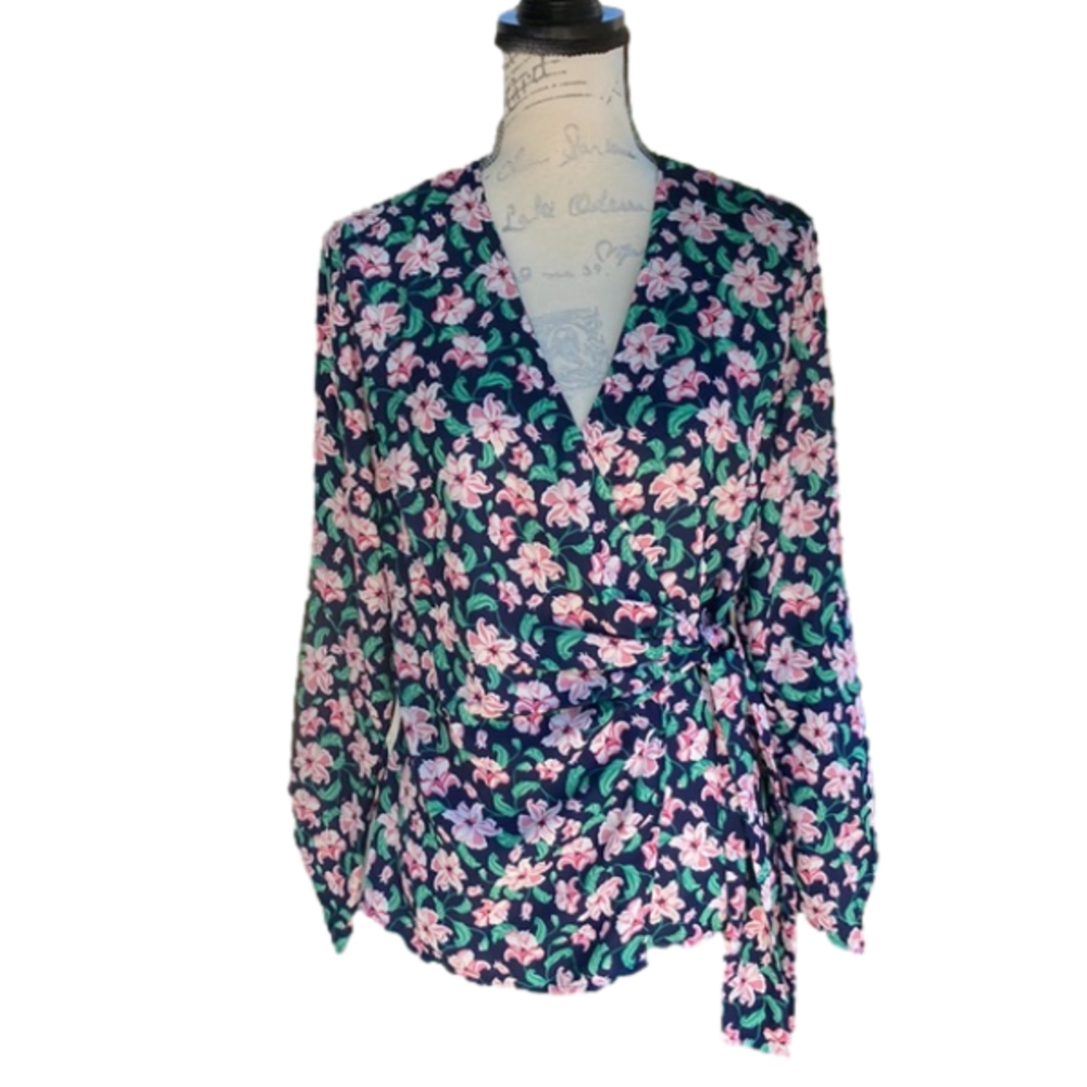 Betabrand Navy Floral Wrap Blouse with Pink Flowers